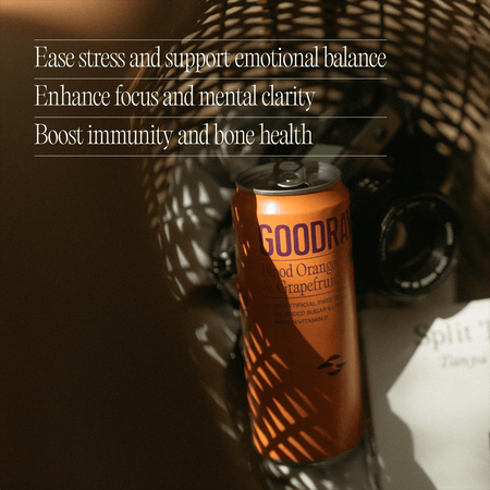 Orange can of Goodrays drink with text about health benefits.