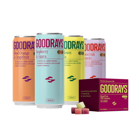 Goodrays premium CBD drinks and gummies, Raspberry and Guava, blood orange and grapefruit, elderflower and yuzu, passionfruit and pomelo, 330ml, refreshing, natural flavours, no artificial ingredients, premium sun-grown CBD, high in vitamin D, no added sugar, low calorie, vegan, gluten free