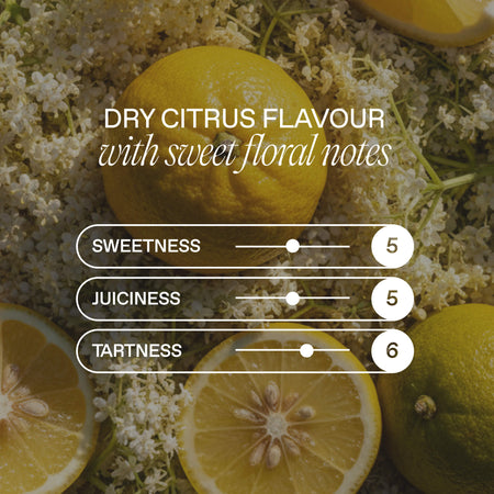 Images of yuzu and elderflowers with flavour profile text and ratings overlaying