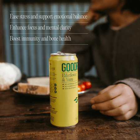 Goodrays drink can on a table with text about health benefits.