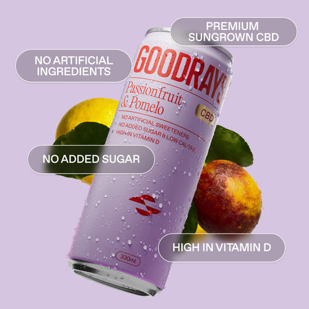 Goodrays CBD drink can with fruit on a light purple background. Product call outs include 'no artificial ingredients, premium sungrown CBD, no added sugar, high in vitamin D.'